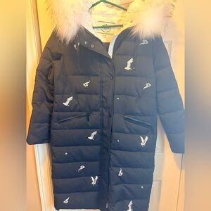 Black Down Embroidered Parka – PUELLA Urban Fur Hood Coat (Size L)